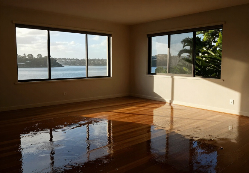 Flooded living room in Engadine before restoration